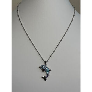 Cookie Lee Dolphin Pendant Necklace Silver Blue turquoise purple crystals